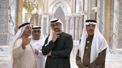 Dr Anwar Gargash, Ma Gen Sheikh Khaled bin Mohamed bin Zayed, Ahmed Al Zaabi, UAE Deputy Minister of Presidential Affairs and Jassem Mohamed Al Zaabi, Chairman of Abu Dhabi Executive Office and Abu Dhabi Executive Council Member (back) attend the inauguration.