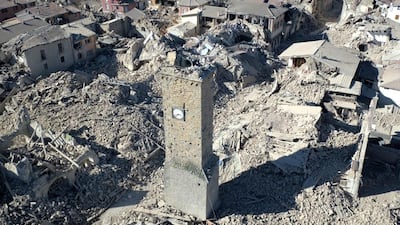 An aerial view of the destroyed hilltop town of Amatrice. Vigili Del Fuoco / Italian Firefighters via AP