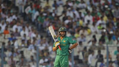 Pakistan’s Shahid Afridi pauses as he bats. (AP Photo/ Bikas Das)