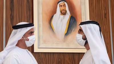 Sheikh Mohammed bin Rashid, Prime Minister and Ruler of Dubai, speaks to Sheikh Saif bin Zayed, Deputy Prime Minister and Minister of Interior, during a UAE Cabinet meeting on Sunday. Courtesy: Sheikh Mohammed bin Rashid Twitter