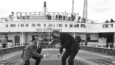 Getting ready for some deck games on the QE2 at Southampton are actor Peter Sellers and Beatles star Ringo Starr, May 1969. Getty Images