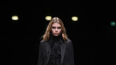 A tuxedo-sporting model was sent down the runway at the end of Versace’s spring/summer 2017 menswear collection. Courtesy Versace