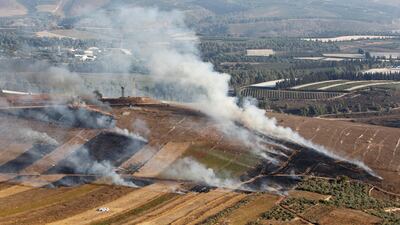 Smoke rises from shells fired from Israel in Maroun Al Ras village, near the border with Israel, in southern Lebanon, September 1, 2019. Reuters