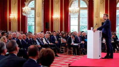 French President Emmanuel Macron delivers a speech during the annual French ambassadors' conference at the Elysee Palace in Paris. AFP, pool