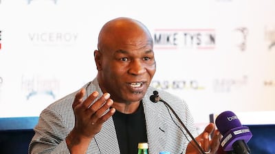 Mike Tyson addresses the media during a press conference to announce his Mike Tyson Academy fitness and boxing centres. Pawan Singh / The National