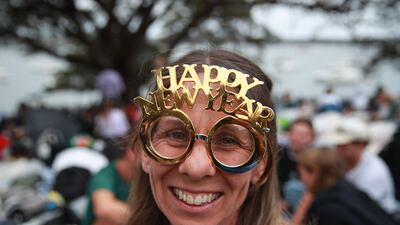 A Happy New Year headpiece during New Year's Eve celebrations in Sydney. Getty Images