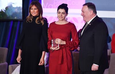 International Women of Courage Award recipient Lucy Kocharyan of Armenia poses with US Secretary of State Mike Pompeo, right, and First Lady Melania Trump in Washington. In Armenia, we have long acknowledged the importance of treating men and women equally, writes President Armen Sarkissian. AFP