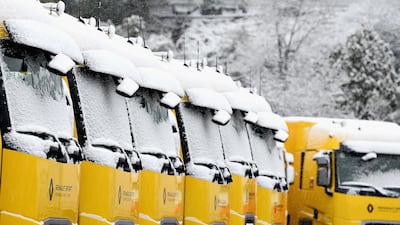 A general view of the Renault Sport F1 trucks covered in snow during day three of F1 Winter Testing at Circuit de Catalunya on February 28, 2018 in Montmelo, Spain. Patrik Lundin/Getty Images