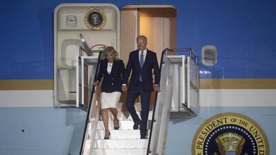 US President Joe Biden and First Lady Jill Biden arrive in Newquay. Bloomberg