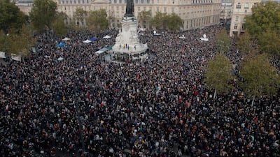 Hundreds of people gather on Republique square during a demonstration in Paris. AP Photo