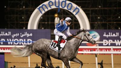 Solow ridden by Maxime Guyon won the 2015 Dubai Turf race at the Meydan Racecourse in Dubai. ( Pawan Singh / The National )