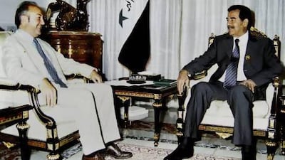 Saddam Hussein receives George Galloway in Baghdad in 2002. AP Photo / INA