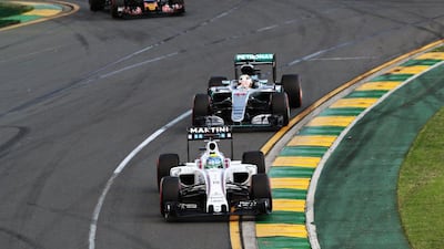 Felipe Massa of Brazil drives the (19) Williams while Lewis Hamilton of Great Britain drives the (44) Mercedes and Carlos Sainz of Spain drives the (55) Toro Rosso on track during the Australian Grand Prix at Albert Park on March 20, 2016 in Melbourne, Australia. (Photo by Mark Thompson/Getty Images)