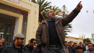 Unemployed Tunisians shout slogans during a demonstration demanding job opportunities in Sidi Bouzid on January 14, 2017. Amine Ben Aziza/Reuters