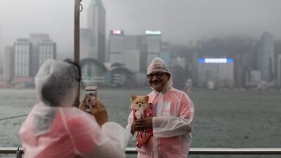 A man poses for a photograph with a dog on the Victoria Harbour waterfront during typhoon Nida in Hong Kong. Nida is the first major typhoon to shut down Hong Kong this year. Classes at all schools are suspended for the day, ferries to and between outlying islands are also suspended as well as tram service on Hong Kong Island. Jerome Favre / EPA