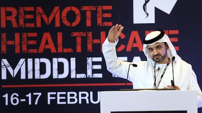 Ahmed Al Hajeri, Deputy chief executive of the National Ambulance, speaks at the Remote Healthcare Middle East conference in Abu Dhabi on Tuesday. Delores Johnson / The National