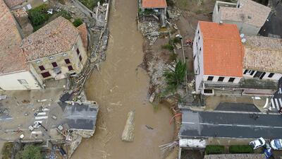 An aerial view shows a collapsed bridge in the city of Villegailhenc, near Carcassonne, southern France. AFP