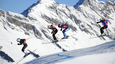 Left to right: Marie Karoline Krista of Switzerland, Canada's Marie Pier Brunet, Ingrid Leivestad of Norway and China's Hongyun Ran compete in women's ski cross at the Lausanne 2020 Winter Youth Olympics on Sunday, January 19. Getty