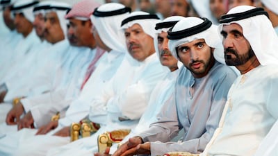 UAE Prime Minister and Ruler of Dubai, Sheikh Mohammed bin Rashid, and Dubai Crown Prince, Sheikh Hamdan bin Mohammed, attend the Mohammed bin Rashid awards for Young Business Leaders in Dubai. Satish Kumar / The National