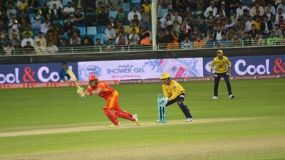 An Islamabad United batsman plays a shot against Peshawar Zalmi in the second innings of their Pakistan Super League T20 match on Friday. Photo Courtesy / PSL