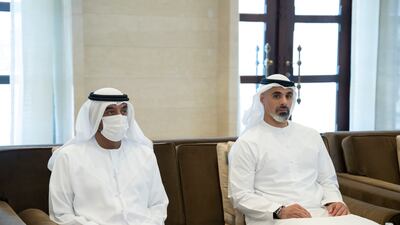 Sheikh Ahmed bin Saeed and Sheikh Khaled bin Mohamed at the signing.