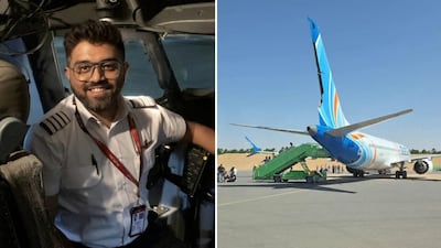 Indian pilot Smit Machchhar and the flydubai plane at Tabuk Airport in Saudi Arabia. Reuters / Kann