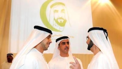 Sheikh Mohammed bin Rashid, the Prime Minister and Ruler of Dubai, right, with Sheikh Mansour bin Zayed, Minister of Presidential Affairs, and Sheikh Saif bin Zayed, Deputy Prime Minister and Minister of Interior, at last night's launch in Dubai of Zayed Day for Humanitarian Work. Wam