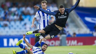 Mateo Kovacic of Real Madrid duels for the ball with Markel Bergara of Real Sociedad. (Juan Manuel Serrano Arce/Getty Images)