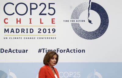 US House Speaker Nancy Pelosi arrives for a press conference at the UN climate change conference in Madrid on December 2, 2019. Reuters