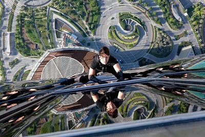 Tom Cruise in a scene from 'Mission: Impossible - Ghost Protocol' filmed on the Burj Khalifa, Dubai. Courtesy Paramount pictures