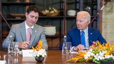 US President Joe Biden and Canadian Prime Minister Justin Trudeau at a meeting of G7 and Nato leaders in Bali last November. The New York Times / AP