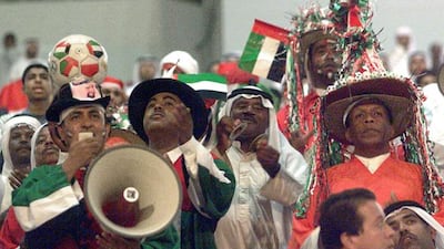 Emirati soccer fans celebrate after their victory against Oman during their Gulf Cup championship match in Manama 3rd November 1998. The United Arab Emirates defeated Oman 3-2. AFP