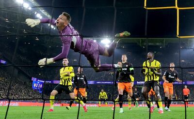 Shakhtar Donetsk goalkeeper Dmytro Riznyk in action during the Uefa Champions League match against Borussia Dortmund on January 29, 2025. EPA