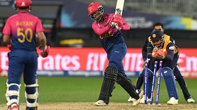UAE's Karthik Meiyappan is stumped by Sri Lanka wicketkeeper Kusal Mendis. AFP