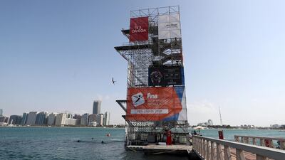 Divers warm up before the final of the mens section at the Fina High Board Diving World Cup, at the Abu Dhabi Yacht and Sailing Club, Abu Dhabi. All Photos by Chris Whiteoak / The National