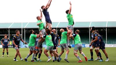 A line-out during the Premiership rugby match between Worcester Warriors and Harlequins at Sixways Stadium on Wednesday, August 26. Getty