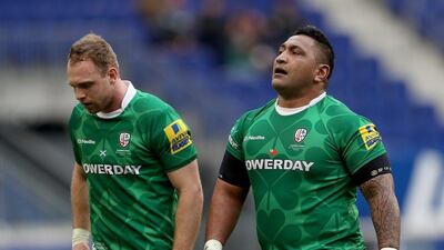 Greig Tonks and Halani Aulika of London Irish walk off the field after the first half against Saracens during the English Premiership match on March 12, 2016 at Red Bull Arena in Harrison, New Jersey. (Photo by Elsa/Getty Images)
