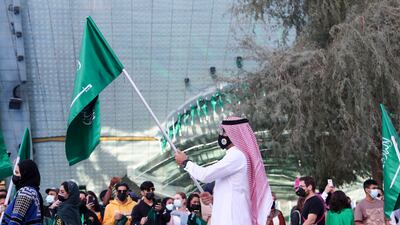 A parade at the Saudi pavilion celebrates the country's national day at Expo 2020 Dubai. All photos: Khushnum Bhandari / The National
