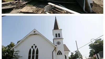 The steeple from the Main Street Methodist Church in Bay St. Louis, Mississippi, and the restored church a decade later.