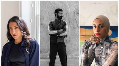 From left, Maitha Abdalla, Amir Hazim and Alymamah Rashed are among 10 Arab artists who are helping to diversify the creative landscape. Photo: Tabari Artspace / Instagram / @amirhazimx / Hunna Art