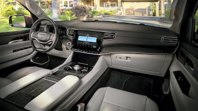 The Wagoneer interior. Both cars have advanced safety and security features, including Hands-free Active Driving Assist, drowsy driver detection and Traffic Sign Recognition