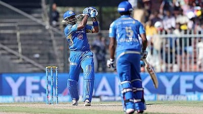 File picture of Kieron Pollard who took Mumbai Indians over the line on May 3, 2014, coming good with a 12-ball 28 against table leaders Kings XI Punjab. Pawan Singh / The National