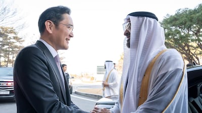 The Crown Prince of Abu Dhabi greets Jay Y Lee, Vice Chairman of Samsung Electronics.