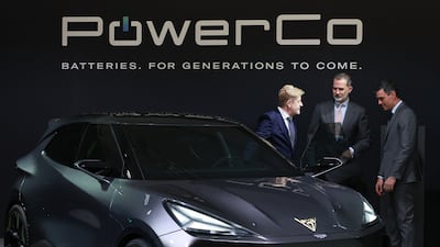 Wayne Griffiths, left, president of Seat, with King Felipe VI of Spain, centre, and Spanish Prime Minister Pedro Sanchez, and a Cupra Urbanrebel EV during the foundation stone laying ceremony for the PowerCo batteries gigafactory that Volkswagen group is building in Sagunto. AFP