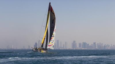 The Abu Dhabi Ocean Racing crew sail Azzam towards the UAE capital during the final stages of the Volvo Ocean Race second leg. Ian Roman/Abu Dhabi Ocean Racing.