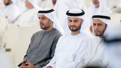 Sheikh Mohamed bin Hamad bin Tahnoon, Private Affairs Adviser in the Presidential Court, left, attends the Sea Palace barza. Abdulla Al Bedwawi / UAE Presidential Court