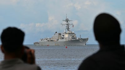 The USS Gravely warship enters the port of Port of Spain on October 26. AFP