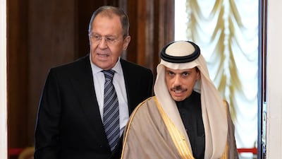 Russian Foreign Minister Sergey Lavrov (L) and Saudi Arabia's Foreign Minister Prince Faisal bin Farhan in Moscow on Thursday. AP