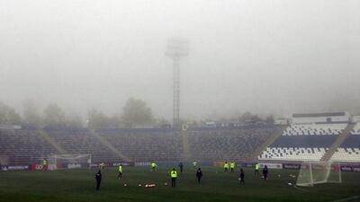 Brazil players train in foggy morning conditions on Monday in Santiago ahead of their 2018 World Cup qualifying match against Chile on Thursday. Claudio Reyes / AFP