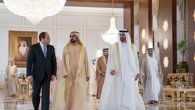 Sheikh Mohammed bin Rashid Al Maktoum, Vice-President and Ruler of Dubai (2nd L) and Sheikh Mohammed bin Zayed, Crown Prince of Abu Dhabi and Deputy Supreme Commander of the UAE Armed Forces (R), receive Abdel Fattah El Sisi, President of Egypt (L), during a reception at the Presidential Airport. They are seen with Sheikh Mansour bin Zayed, UAE Deputy Prime Minister and Minister of Presidential Affairs and Sheikh Hamed bin Zayed, Chairman of the Crown Prince Court of Abu Dhabi and Abu Dhabi Executive Council Member (back). Mohamed Al Hammadi / Crown Prince Court - Abu Dhabi